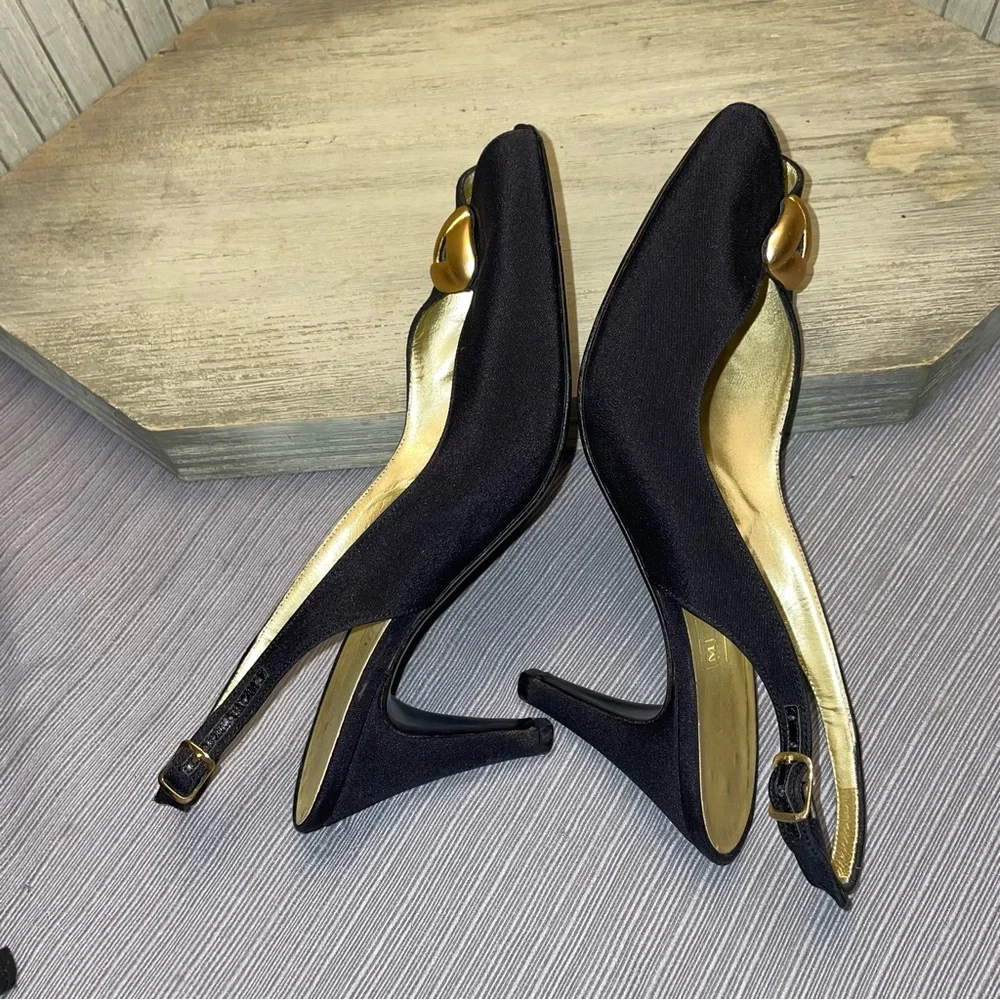 Bruno Magli Black Fabric with Gold Open Tor Slingback Heels Made in Italy 6.5B - Picture 13 of 13